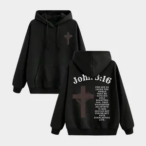 John 3:16 Biblical Cross Verse Print Hoodie, Inspirational Scripture Sweatshirt, Unisex Retro Spiritual Pullover for Men & Women