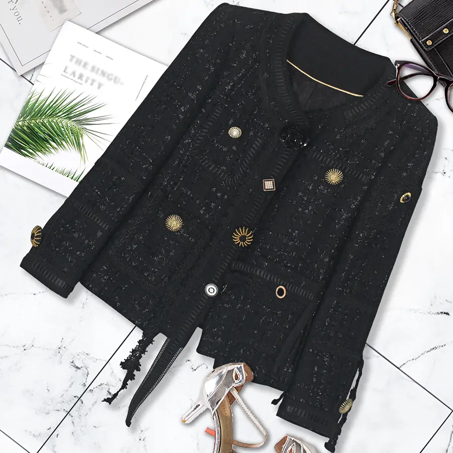 DS Unique Design Women's Elegant Fitted Tweed Top with Round Neck, Assorted Buttons and Ribbon Tassel Sleeves, Snap, Medium Length, Fitted Cut, Adjustable Buttons, Tweed Fabric, Cozy Wool Top, Long Sleeves Keep Arms Cozy In Cold, Asymmetrical, Color-Sorte