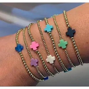 VelmoraJewelry B Gold Bracelets for Women Stack Non Tarnish Cross Pearl Stretch Beaded Bracelets Jewelry Birthday Gifts for Women Easter Basket Stuffers