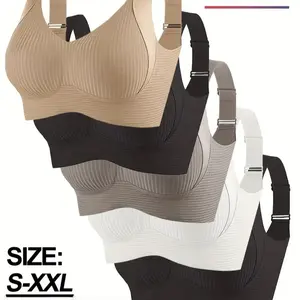 5pcs Women's Seamless Striped Wireless Bra Set -Soft,Breathable, High Support, No Underwire, Back ClosureforComfort & Support, Solid Color Design for EverydayUse,Comfortable Undergarment, Back Closure Bra, NoUnderwireBra