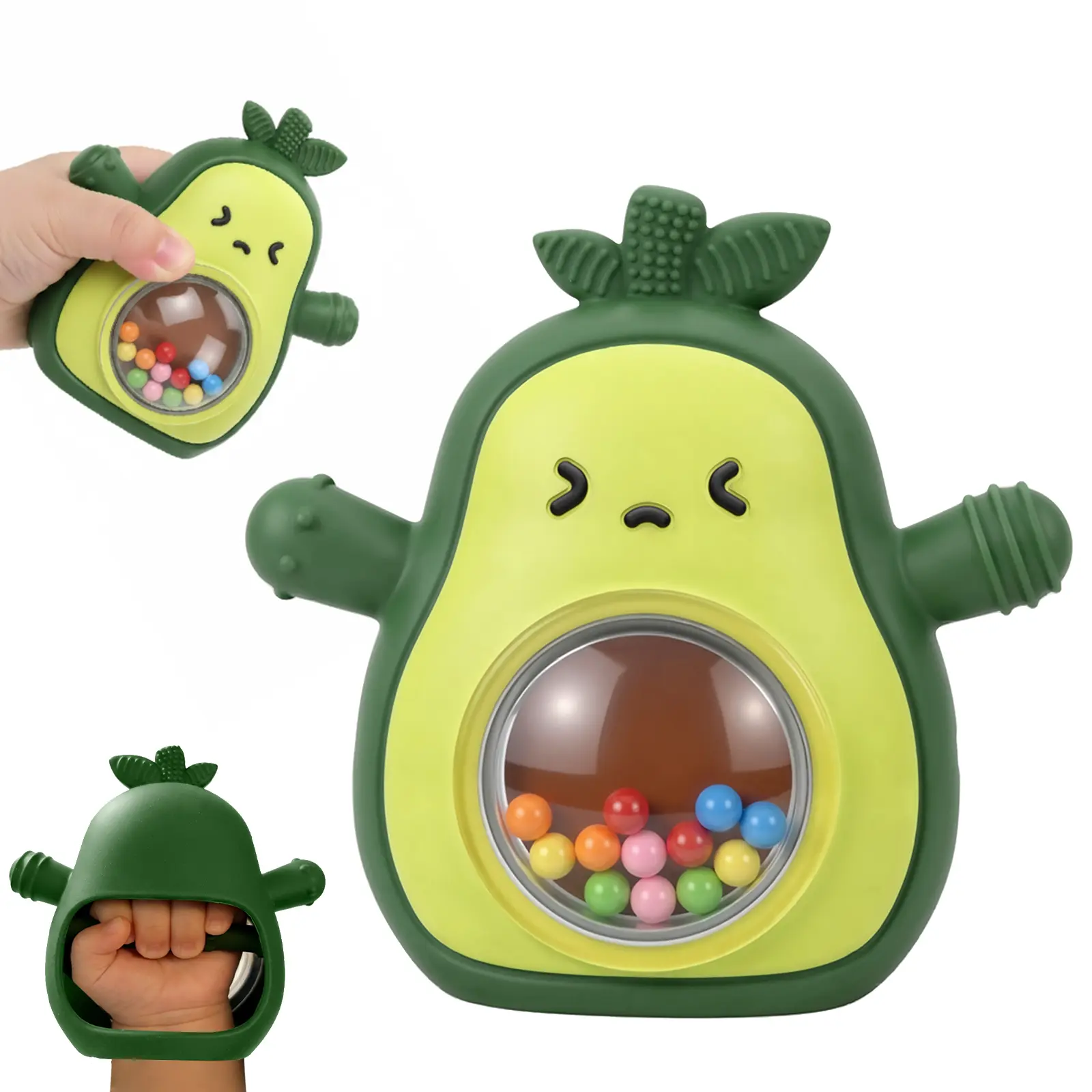 Baby Rattle Teething Toys Silicone Avocado Teething Mitten Sensory Toys for Grasping Chewing Sucking Hearing Needs-Baby Teether for Teething Relief-BPA Free Infant Toys Baby Shower Gifts (Green)