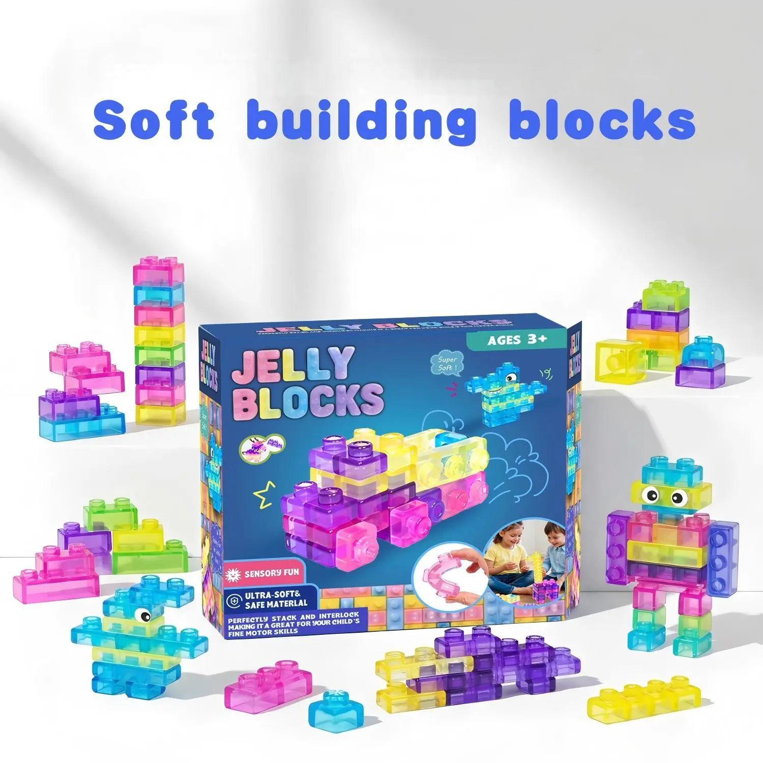 40 PCS Soft Sensory Building Blocks for Kids Ages 3+,Jelly-Like Texture Stacking Toy Set, Translucent Interlocking Construction Blocks for Creative Play
