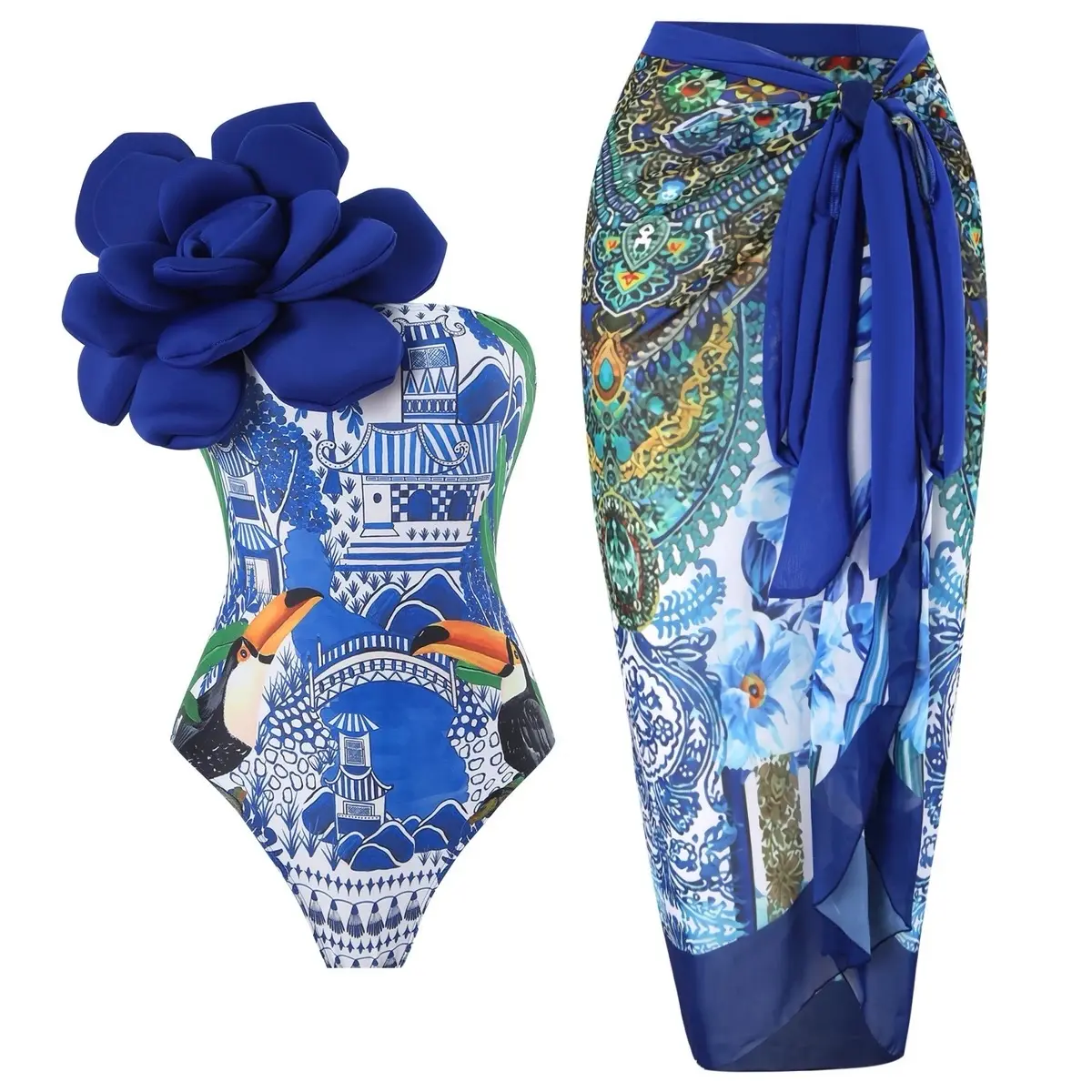 One-Shoulder Ruffled Print Floral Swimsuit Set Cover Up Single Piece Micro Monokini Sexy Swimwear For Girls Summer Beach