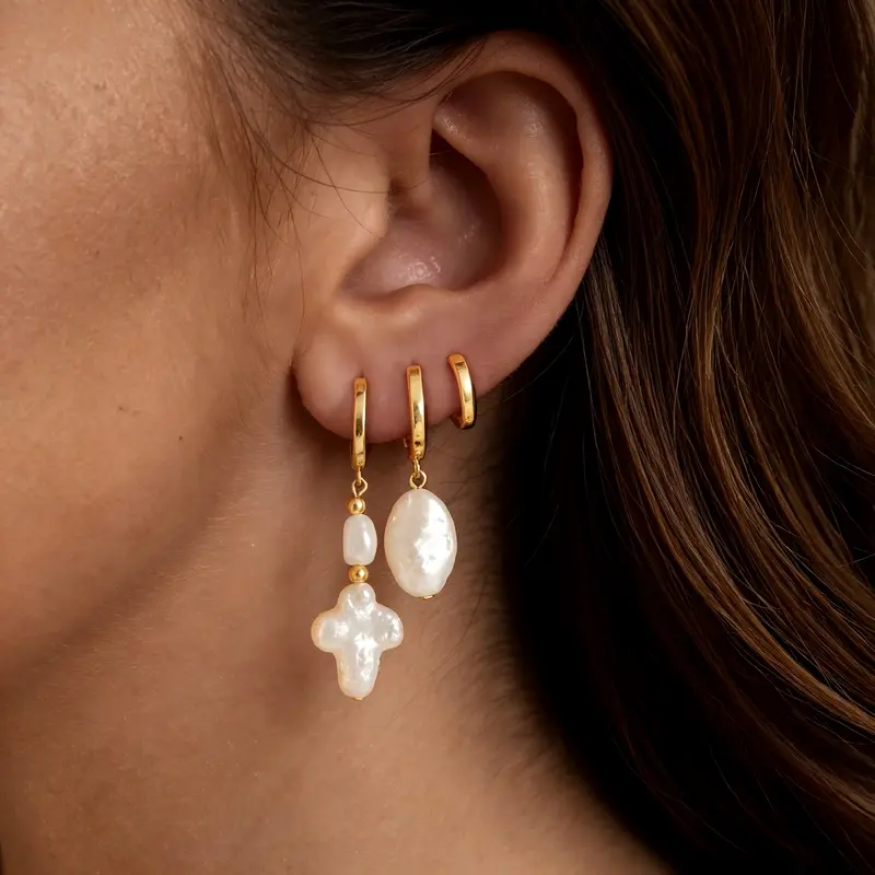 Tewiky 14K Gold Plated 3 Pairs Hoop Earrings for Women, Dainty Smooth Hoops with Cross Natural Pearl, Irregular Pearl & Minimalist Style, Hypoallergenic Christian Jewelry Gift, Each Pearl is Unique