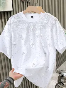 Men's Short Sleeve T-Shirt, Casual Loose Fit, Shoulder Drop Design, Diamond Embroidery, Commuter Daily Wear, Oversized Box Type, Top