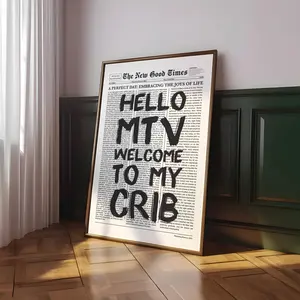 Welcome Poster, Trendy Newspaper Print Hello Mtv, Positive Wall Art, Fun Quote Decorative Poster for Living Room Bedroom Study, Wall Art Decoration