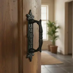 Door Handle with Ornate Backplate, Black Cast Iron Pull