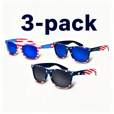 Patriotic American Flag Sunglasses (3 Pairs) - PC Lenses, Adjustable Men's Outdoor Sunglasses, 4th of July/Independence Day Party Favors (5.5" W x 5.7" L), Great for BBQs, Beaches, Pool Parties