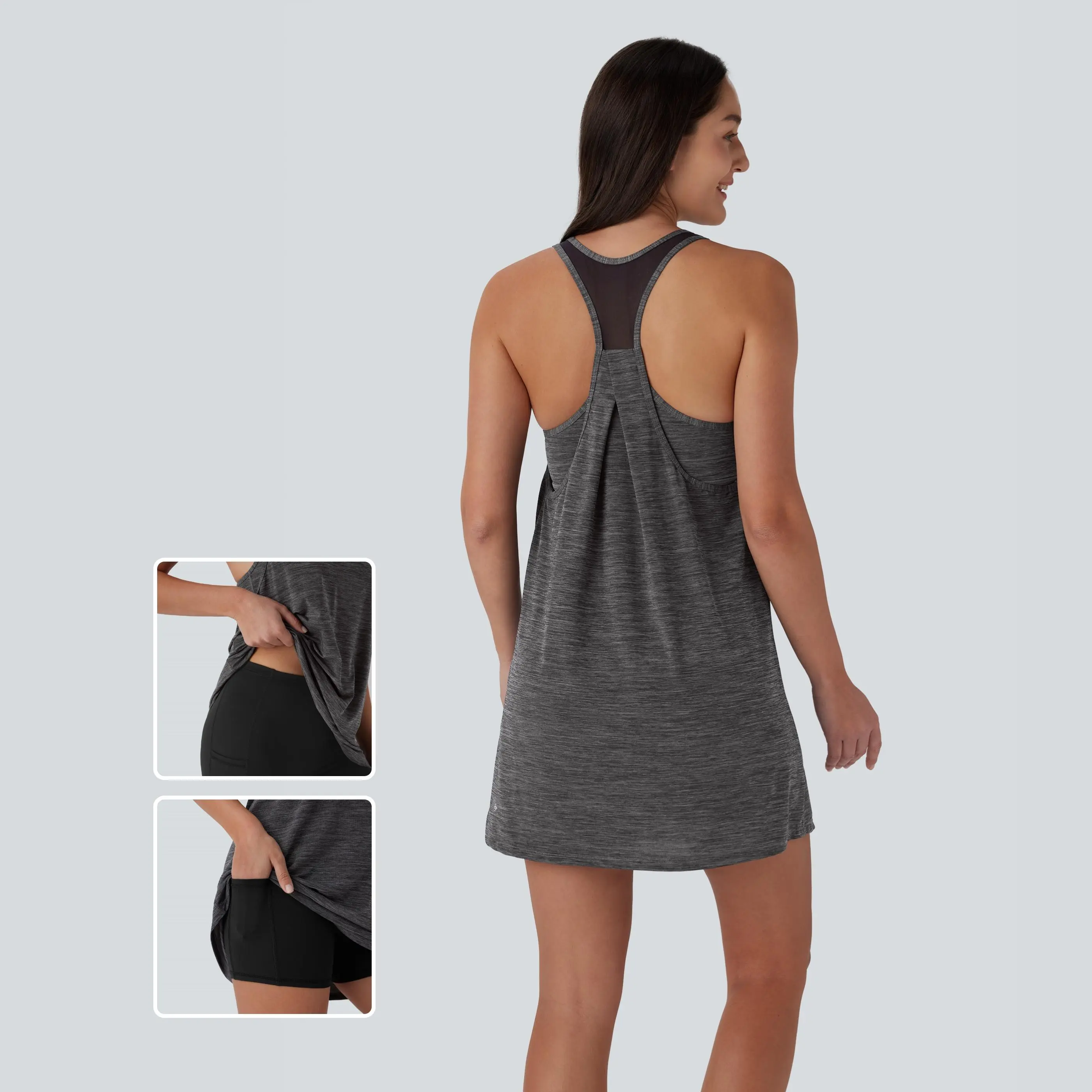 Halara U Neck Backless Racerback Contrast Mesh 2-Piece Side Pocket Mini Yoga Active Dress