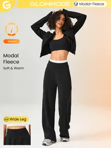 GLOWMODE 30'' Modal Fleece Wide Leg High Waist Adjustable Drawstring Waist Joggers Pants With Side Pockets Daily Casual