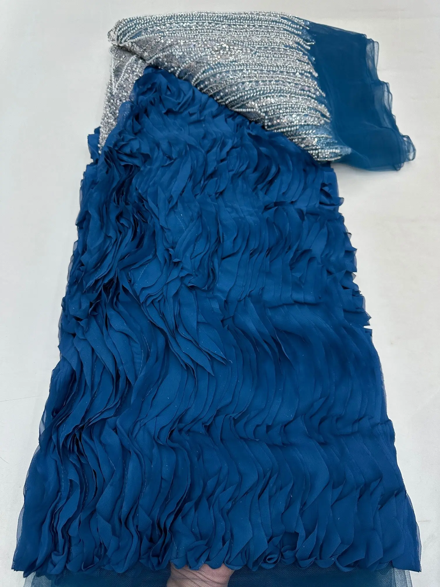 Blue & Silver Applique Lace Fabric