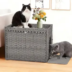 Rattan Cat Litter Box Enclosure - Premium Boho Hidden Litter Box for Living Room with Removable Mat, Decorative End Table, Large Pet Crate & Easy Assembly, Grey