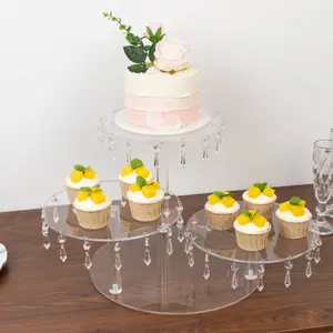 3-Tier Acrylic Cake Stand with Hanging Crystal Pendants – Clear Elegant Cupcake Tower for Dessert Display