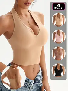 4PCS Women's Basic Slim Fit Elastic Sleeveless Backless Top, Y2K V-Neck Tie Short Shirt, Casual Streetwear for Girls, Valentine's Day Gift Vneck