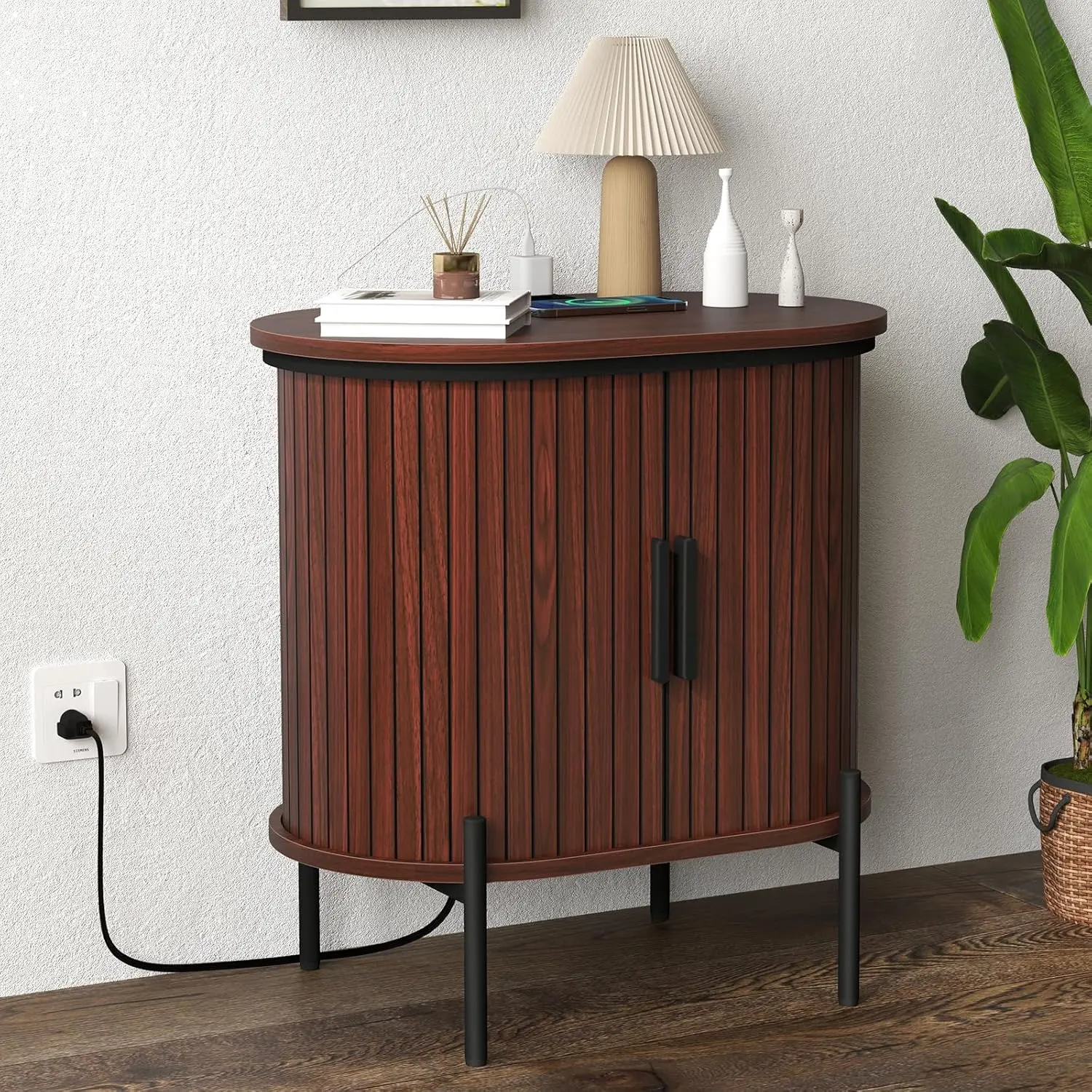 EBELLO Mid-Century Oak Tambour Fluted Wood Modern Nightstand - Compact Footprint Bedside Table with Charging Station, Storage, Pedestal Tabletop Mode, Side Table TV Turntables for Small Spaces Home Decor