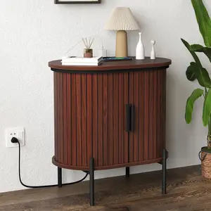EBELLO Mid-Century Oak Tambour Fluted Side Table with Charging Station & Storage | End Table for Living Room & Bedroom & Small Spaces | Christmas Gift Modern Nightstand Pedestal Tabletop Mode