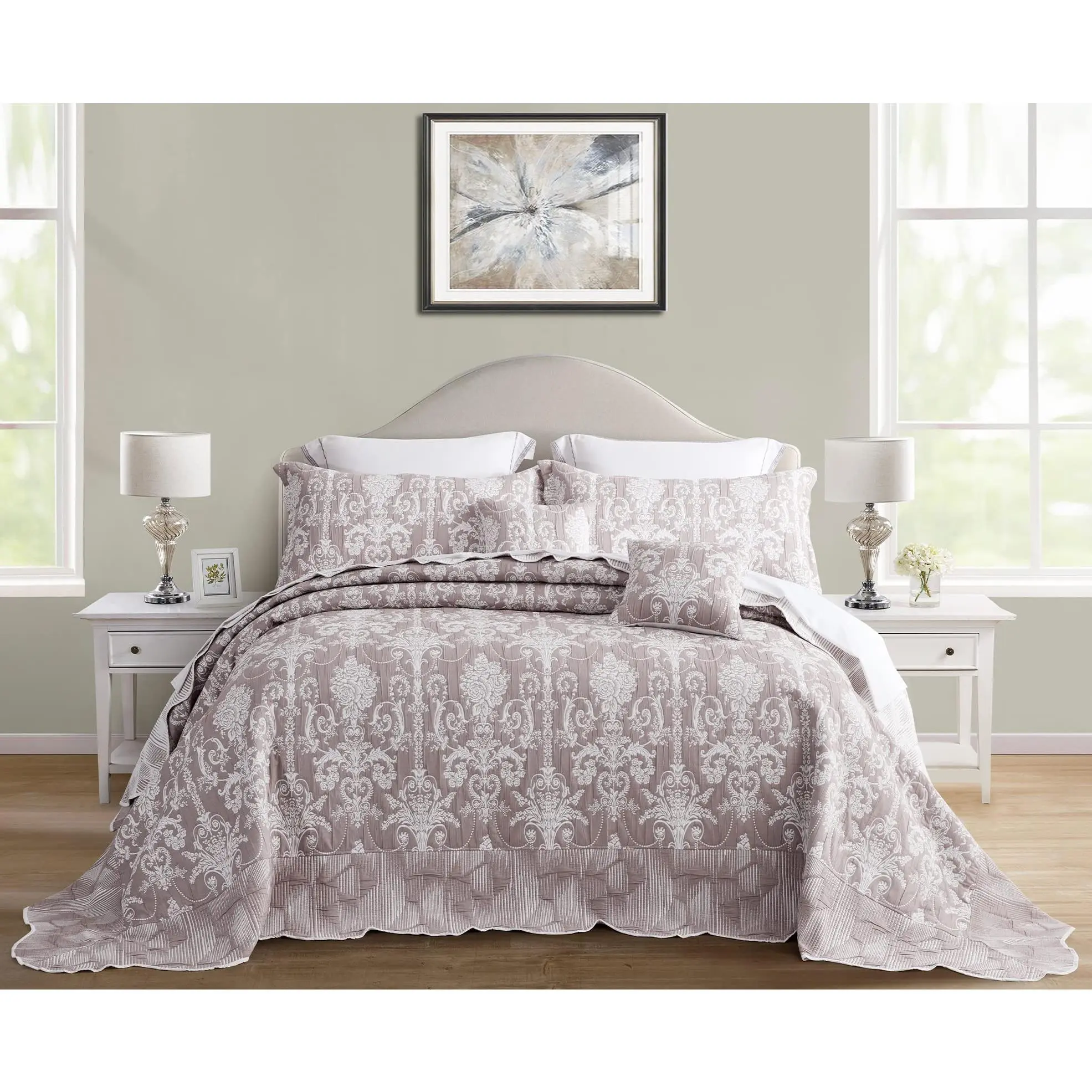 Blythease Oversized King Bedspread Extra Wide, Jacquard Matelasse Damask Pattern Design, Lightweight, Reversible, 5 Piece, 100% Microfiber bedspread coverlet guest room