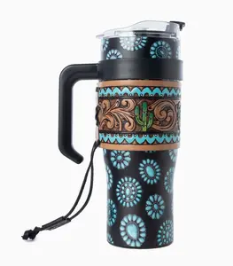 Concho Crest Western Tooled Tumbler in Black Stainless Steel with Leather Wrap and Handle by Myra