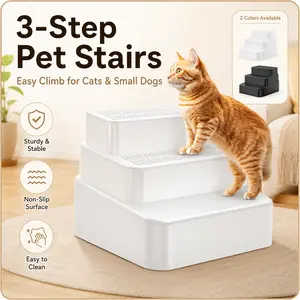 3-Step Pet Stairs for Cats & Small Dogs, Non-Slip Pet Steps for Bed Sofa Couch Car, Easy Clean Durable Plastic Pet Stair with Wide Stable Base, Indoor Climbing Step Stool for Puppies, Kittens & Senior Pets, White/Black