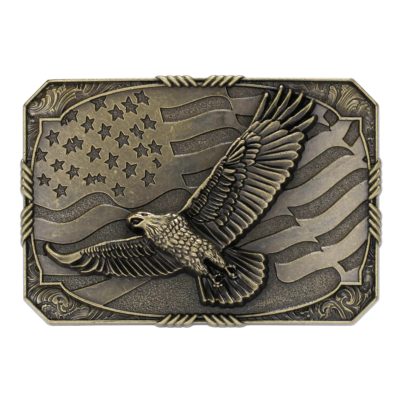 Men's Alloy Metal Bronze-Tone Square Western Belt Buckle - Cowboy Waist Belt Accessory with American Flag & Eagle Design, Men's Accessories for Bold Cowboy Statement