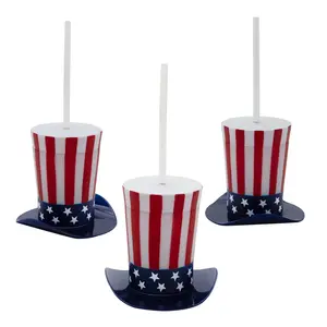 4 1/4" 14 oz. Patriotic Top Hat-Shaped Straw Cups with Lids - 12 Pc.