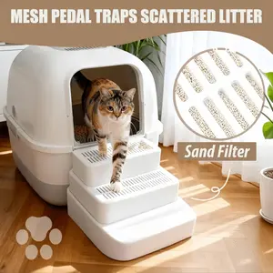 [MeynnPet]  Cat Litter Box Ramp / adjustable litter box step / foot-operated easy-clean step stool / anti-spill tray / available in black or white