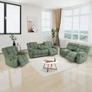 Corduroy 3 Piece Manual Reclining Living Room Set - Sage Soft Ribbed Fabric, Includes Sofa, Loveseat, and Recliner Chair with Drop-Down Table and Center Console