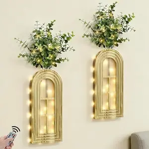 Hanging Wooden Vase Wall Decor - Set of 2, Brown Finish Boho & Modern Farmhouse Decor with Fairy Lights & Artificial Plants, Wall Art for Living Room, Bedroom, Bathroom Home Decor Gift Idea