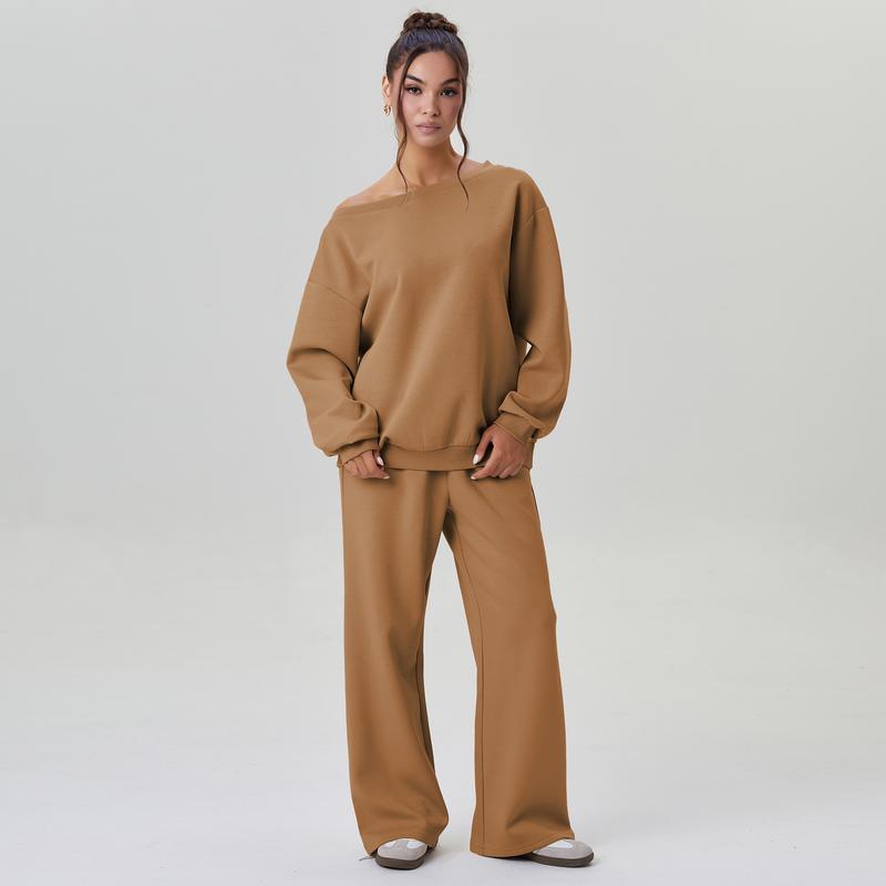 KatchMe Women's Leisure Solid Color Sloping Shoulder Long Sleeve Top & Wide Leg Trousers Co-ord, Cozy Scoop Neck Loose Two Piece Outfits, Basic Womenswear KatchMe Women's Leisure Solid Color Sloping Shoulder Long Sleeve Top & Wide Leg Trousers Co-ord, Cozy Scoop Neck Loose Two Piece Outfits, Basic Womenswear