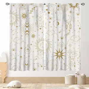 Gothic Sun Moon Curtains, Boho Witchy Moon Phase Celestial Tarot Constellation Mystical Star Window Drapery Treatments for Living Room Bedroom 2 Panels, 42"x45" Inch