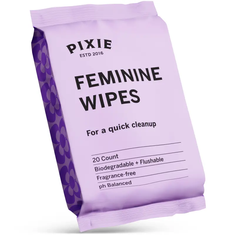 Pixie Menstrual Cup Wipes - On The Go Public Bathroom Wipes for Feminine Care - Safe On Period Cups & Menstrual Discs - Biodegradable, Flushable, pH Balanced & Unscented (20 Count)