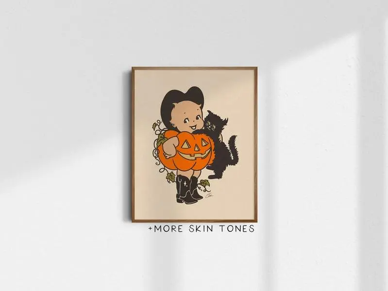 Kewpie Cowgirl Pumpkin, Halloween Art Poster Unframed , Giclée Fine Art Poster Unframed , Vintage Cowgirl Wall Art, Kewpie Pumpkin, Kewpie Halloween, UN