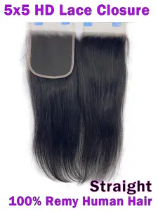 Viral 5x5 HD Lace Closure 100% Remy Human Hair Straight 12''–24'' Natural Black #1B Glueless Pre-Plucked Natural Hairline 180% Thick Density