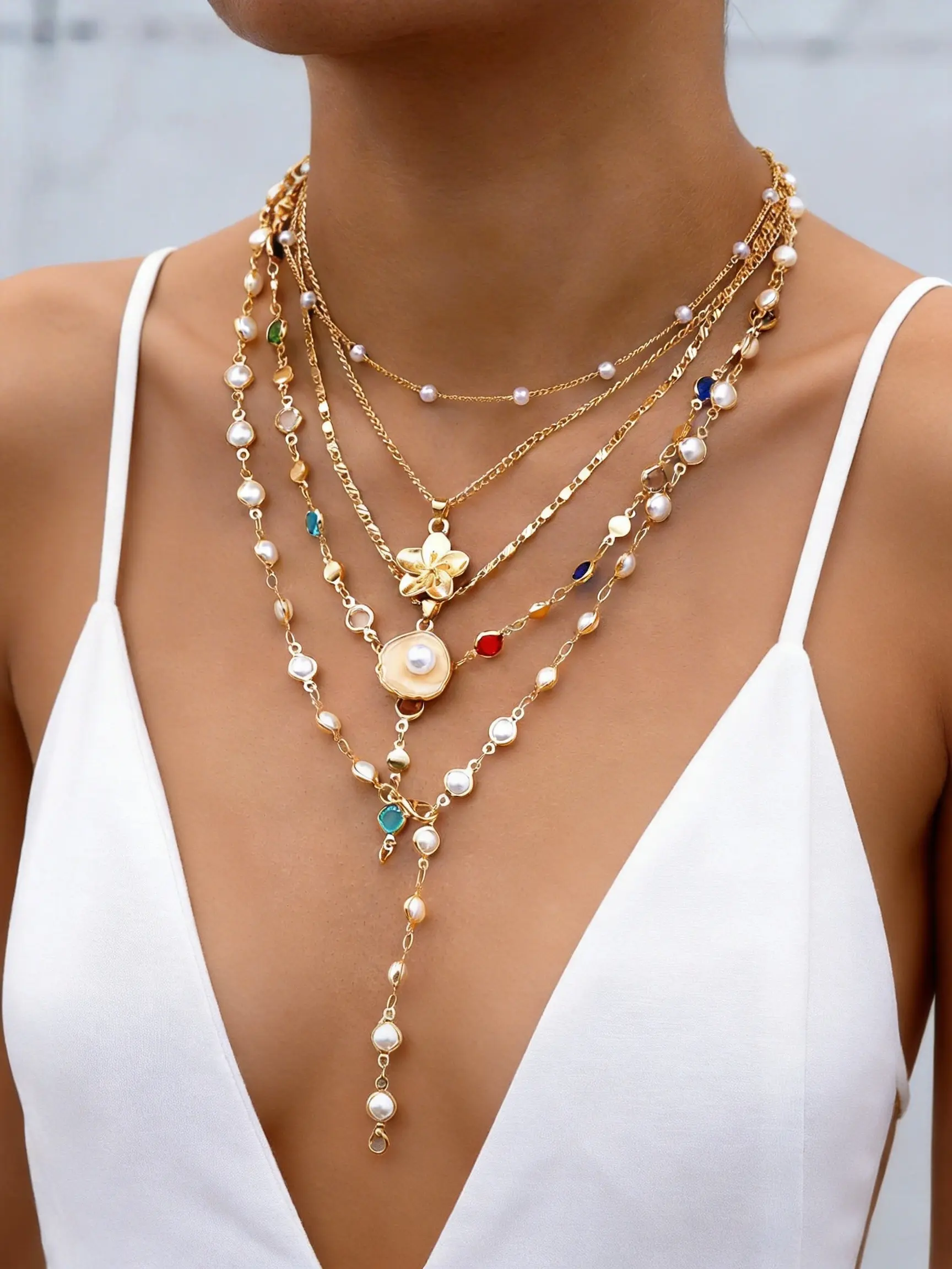 5-Piece Necklace Set, Boho Floral Shell Imitation Pearl Pendant, Faux Pearl Jewelry, Y-Chain Layered Necklaces, Dainty Layering Jewelry, Perfect for Daily Wear, Beach, Parties, Mother's Day Gift