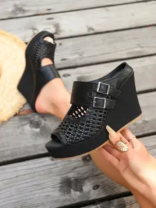 Women's Vintage Wedge Sandals Thick Sole Fish Mouth Roman Shoes Textile Upper Rubber Sole Spring & Fall Casual Style