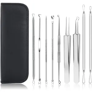 9 PCS Skin Blemish Removal Tool Kit with Stainless Steel Tweezers & Travel Case, Professional Acne Extraction Kit, Blemish Extractor For Facial,Nose