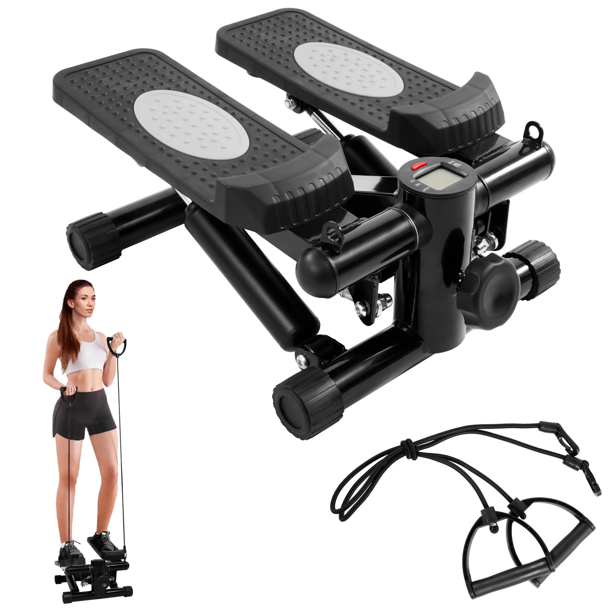 Adjustable Mini Stepper Stair Stepper Stepping Machine with Resistance Bands, Regular, Black