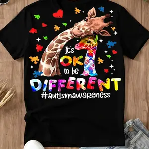 Giraffe With Puzzle Pieces And Hearts Print Ok To Be Different Autism Awareness T Shirt Casual Loose Fit Women's Top For Everyday Wear And Special Occasions