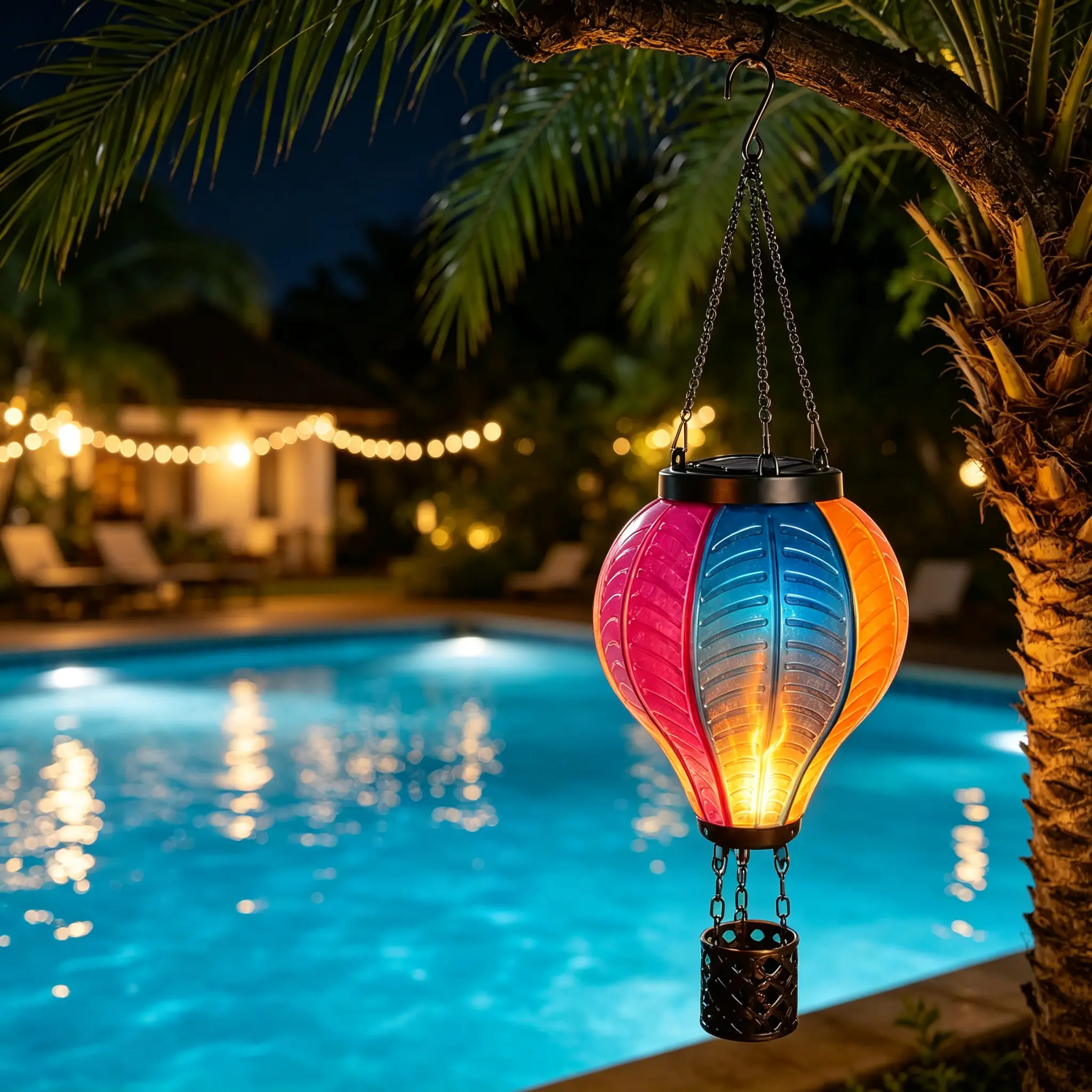 Solar-Powered Hot Air Balloon Lantern, Flickering Flame Hanging Light with Push Button, Waterproof Outdoor Garden Decor, Battery Powered Decorative Light for Patio, Yard & Home festival gift