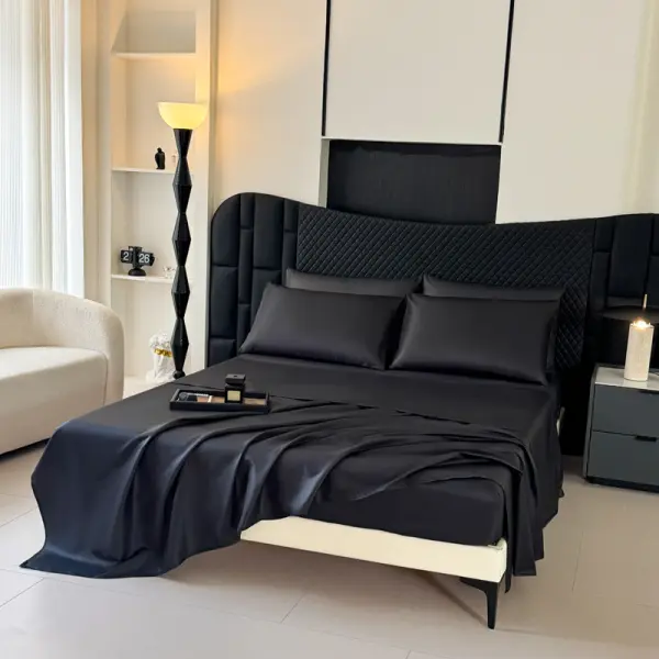 Luxury 4-Piece Black Bedding Set - Light Smooth Solid Color Dots, Soft Skin-Friendly, Includes 1 Flat Sheet, 1 Fitted Sheet, 2 Pillowcases - Durable Quality, Ideal for Family Bedroom Use & Hotels
