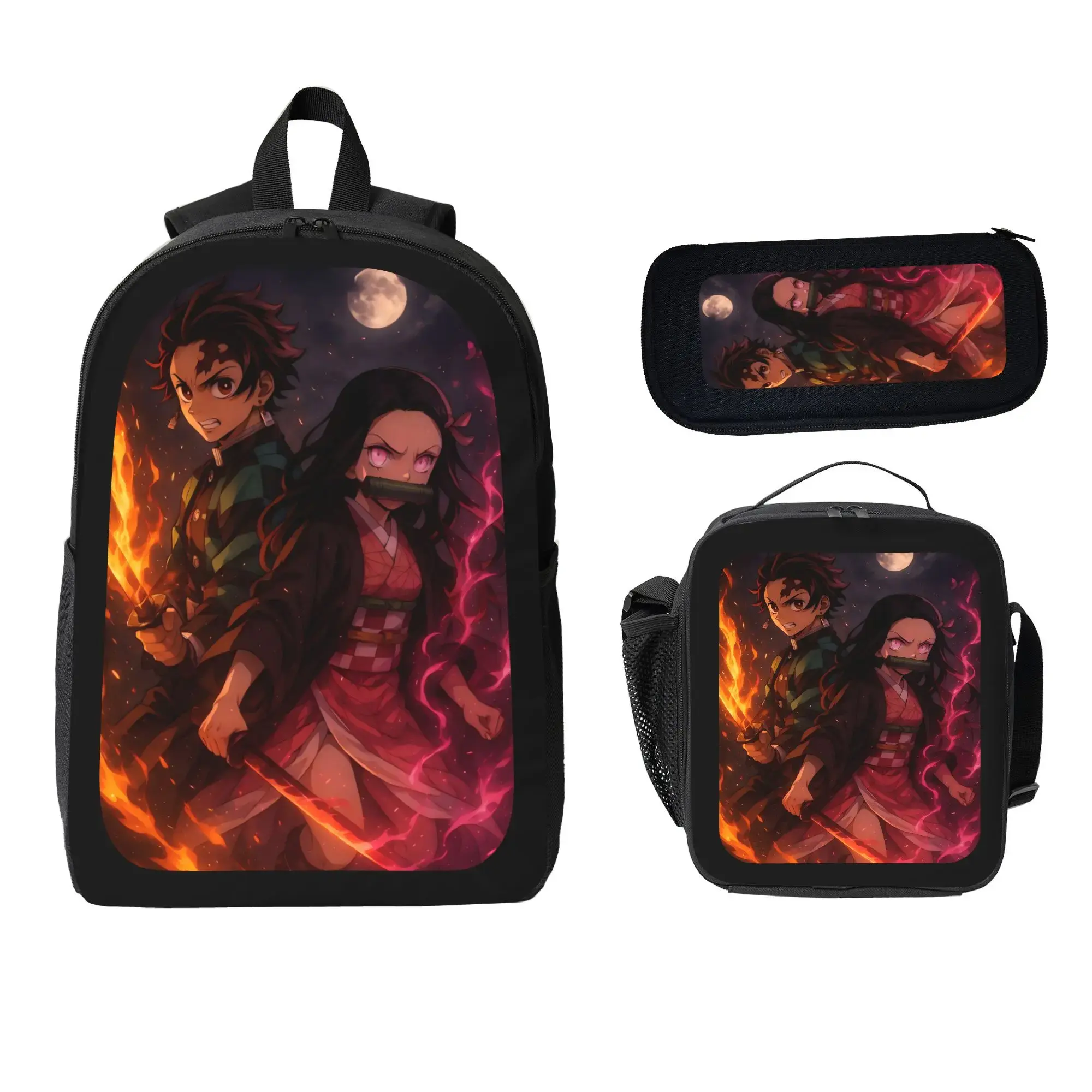 Demon Slayer Backpack Set 3 Pieces, Tanjiro Nezuko Anime Bookbag with Insulated Lunch Bag Pencil Case, Japanese Manga Aesthetic Back to School Backpack for Teens Boys Girls
