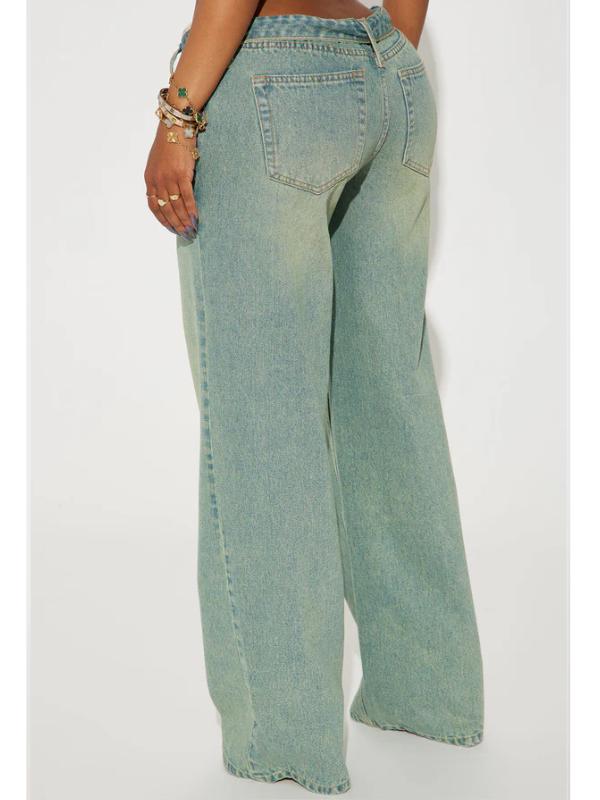 Frankie Foldover Tinted Wide Leg Jeans - 90s Inspired Baggy Style with Mid Rise & Fixed Fold-Over Waistband - 33" Inseam - Medium Wash - 71% Cotton 19% Rayon 10% Polyester