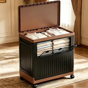 Collapsible Storage Box with Wheels, Stackable Foldable Plastic Storage Bin with Top Lid & 360° Lockable Casters, Rolling Organizer for Clothes, Toys, Blankets, Bedroom, Closet & Home Organization, Black & Brown