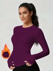 Women's Warm Innerwear Round Neck Long Sleeve Fitted T-Shirt Top, Classic Versatile Solid Color Casual Bottom Layer, Suitable for Home and Outdoor Wear