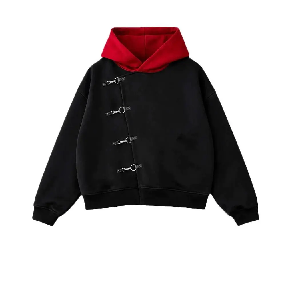 Black Red Contrast Hoodie Asymmetric Metal Buckle Diagonal Strap Oversized Hooded Sweatshirt For Men