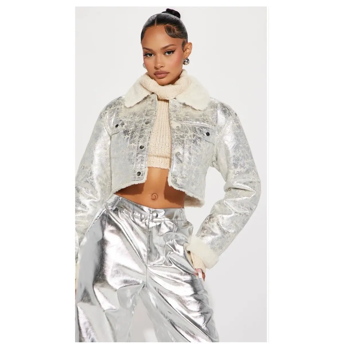 Rosy Candy Women's Silver Metallic Puffer Crop Jacket for Fall/Winter - Long Sleeve - Womenswear, Clothing
