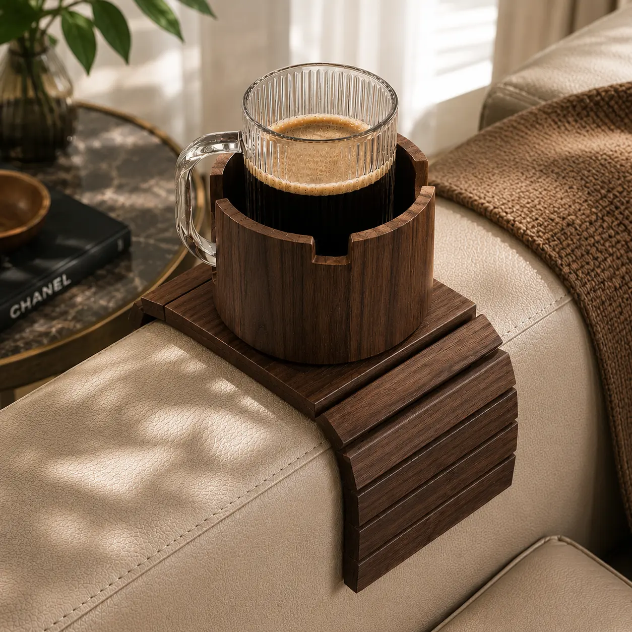 Eco-Friendly Bamboo Sofa Armrest Tray - 360° Rotatable Phone Stand, Foldable Anti-Slip Removable Silicone Square Tray, Waterproof 2.36in Height Table for Flat/Soft Arms, Fits Square & Soft Shape Couch Armrests, Space-Saving, Ideal Gift for Parents
