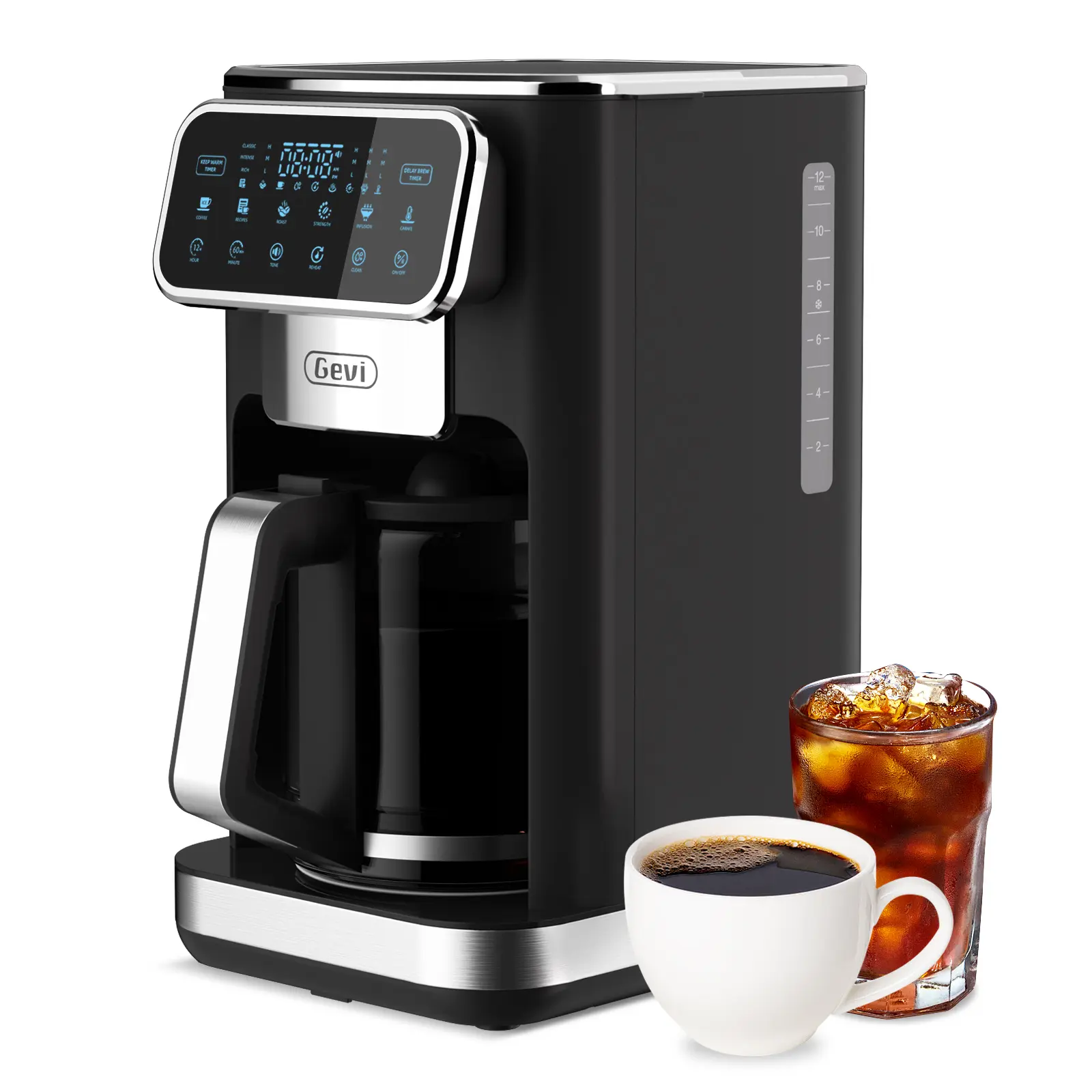 Gevi 12-Cup Programmable Coffee Maker with Touch Screen Drip Coffee Machine Fast Brew Iced Coffee Option 4-Hour Keep Warm Auto Shut-Off Adjustable Strength