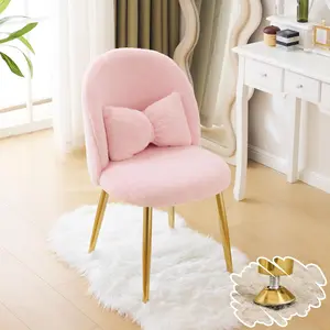 VINGLI Girls Vanity Chair with Back,Cute Small Desk Chair No Wheels,Fluffy Chair with Pillow,Cozy Makeup Chair with Ajustable Gold Legs,Comfy Chair for Bedroom,Living Room,Small Space
