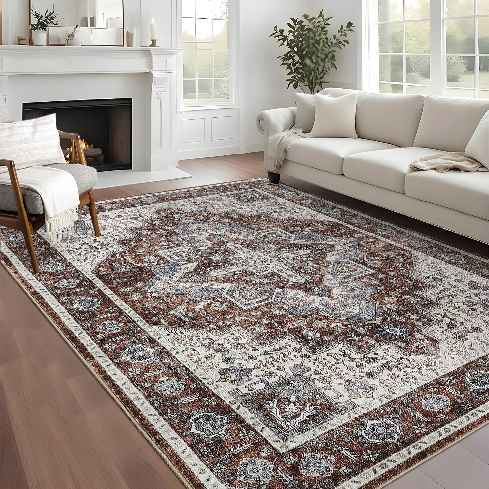 Retro Flower Print Carpet Soft Non-slip Carpet for Bedroom Dining Room Office Living Room and Children's Room